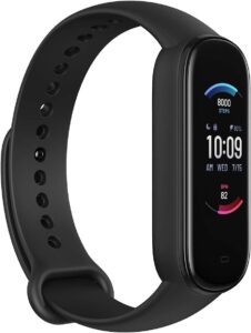 a black smart watch with a black band
