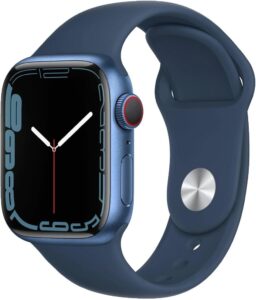 a blue watch with a black square face