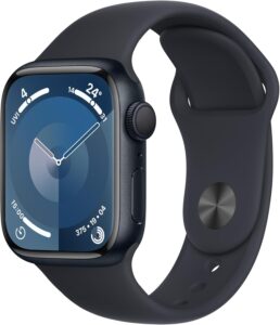 a smart watch with a black band