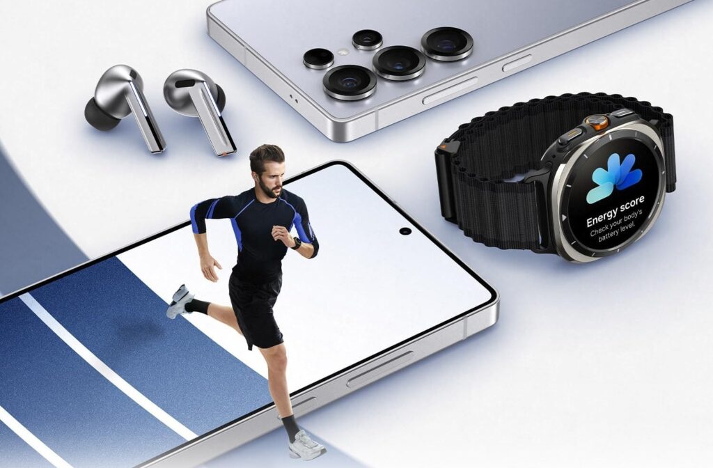 a smartphone and a smartwatch with a runner