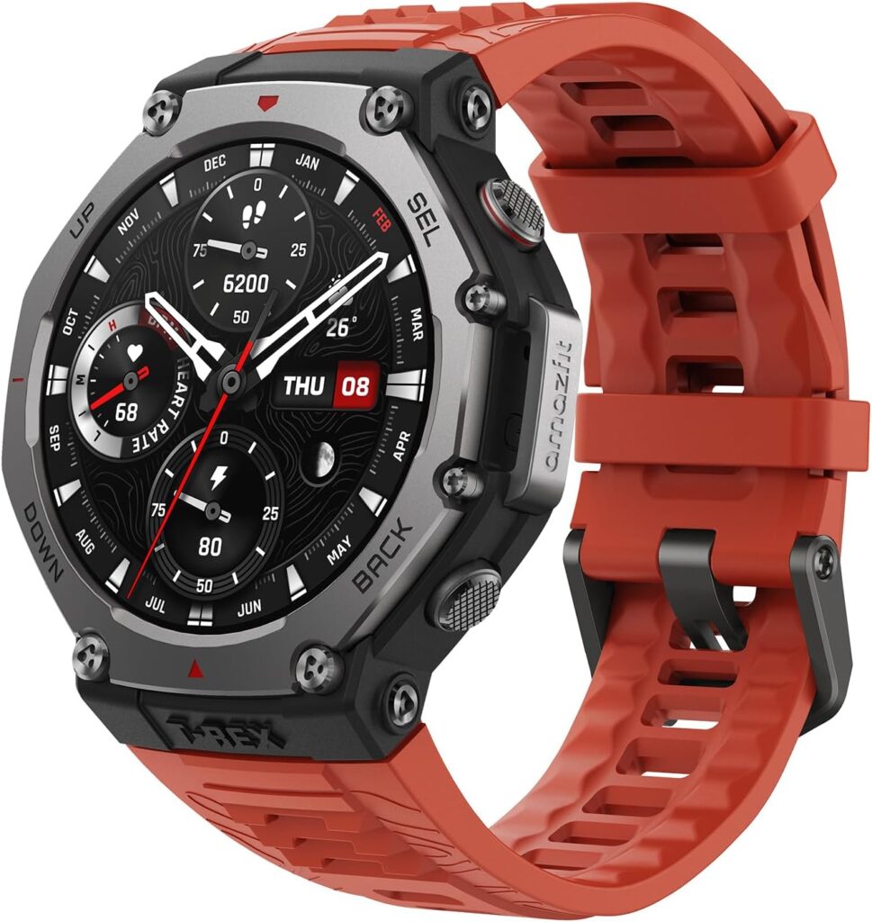 a red Amazfit T rex smartwatch