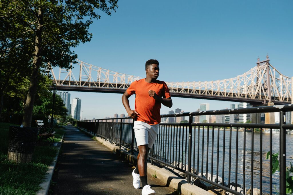a runner near a bridge